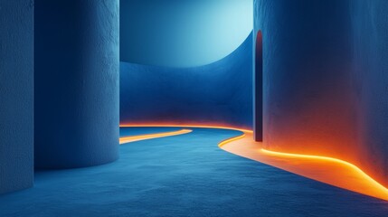Poster - Futuristic corridor with blue concrete walls is illuminated by orange neon lights emanating from the floor and guiding towards a mysterious doorway