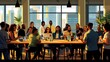 © Iswanto - A diverse group of people engaging in conversation around a large table in a modern setting.
