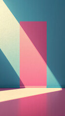 Poster - Sunlight shines through window, creating geometric shapes on pink and blue walls with captivating shadows, enhancing modern, minimal design. Perfect for vibrant, vivid home or apartment