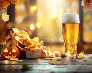 A glass of beer with crispy snacks on a rustic table in an autumn setting.