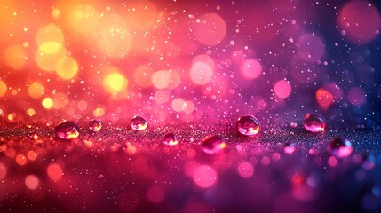 Poster - Vibrant water droplets on glittering surface with dreamy bokeh effect, perfect for festive design projects