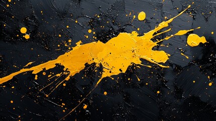 Poster - Vivid yellow paint is splattered across a textured black background, creating an abstract expression of color and texture. The contrasting hues create a striking visual impact