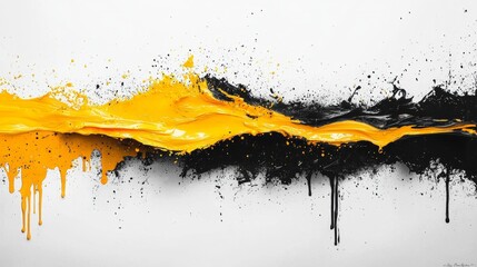 Poster - Vibrant yellow and bold black paint fly energetically, creating a dynamic splash against a clean white background