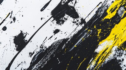 Poster - Abstract image featuring black and yellow paint splattered and smeared on a white background, creating a dynamic and visually striking composition