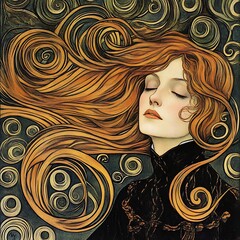 Wall Mural - Woman with Long Red Hair and Swirling Background.