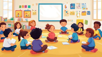 Poster - A classroom scene with children sitting in a circle, engaged in a group activity.