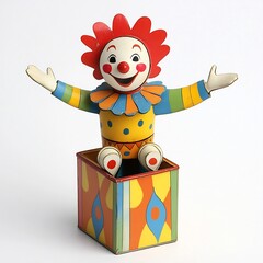 Wall Mural - Classic toy jack-in-the-box with a colorful clown popping out, set on a white background