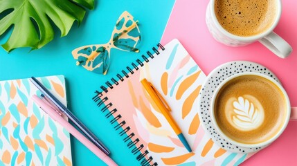 Poster - A Colorful Flat Lay of Coffee, Pens, Sunglasses, and Notebooks