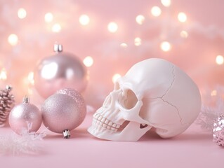 Sticker - Holiday decoration with white skull and ornaments on soft pink backdrop