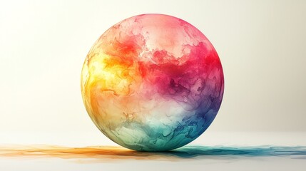Poster - Multicolored sphere with swirling patterns of color sits on a white surface, casting a vibrant shadow. The sphere's surface resembles paint or ink mixing together