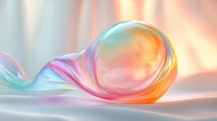 Poster - Colorful abstract glass shape transforming with a vibrant rainbow gradient is laying on a white fabric with an orange glow in the background