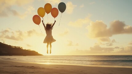 Joyful Girl Jumping with Balloons at Sunset Beach