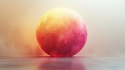 Poster - Large, textured sphere with a gradient of pink and yellow hovers slightly above a reflective surface, with fog creating a mysterious atmosphere