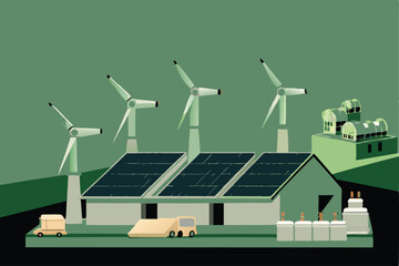 Design a vector illustration of a futuristic smart factory powered by renewable energy.