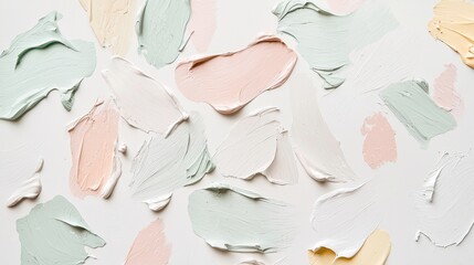 Poster - Different shades of pastel colored cosmetic creams are smeared on a white surface, creating an abstract textured background