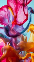Poster - Colorful liquid paint is splashing and mixing together in midair creating interesting patterns and shapes. The background is a solid color