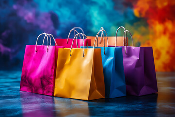 Wall Mural - Multiple colorful shopping bags hang neatly in a row against a vibrant gradient wall, creating a modern and stylish display.
