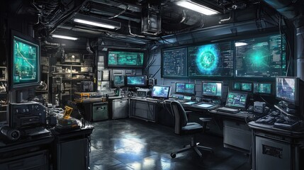 Poster - A high-tech control room featuring multiple screens and advanced equipment for monitoring.