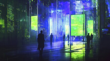 Sticker - A futuristic cityscape with glowing screens and silhouettes of people in a digital environment.