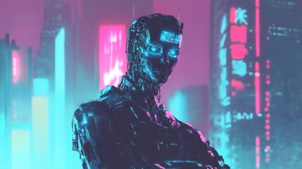 Canvas Print - A futuristic, cybernetic figure stands against a neon-lit cityscape, embodying technology.