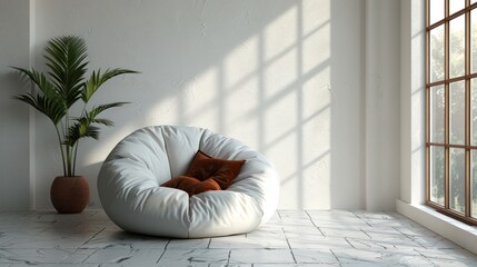 Wall Mural - A cozy bean bag chair nestled in a sunlit room surrounded by a vibrant plant and large windows. Generative AI