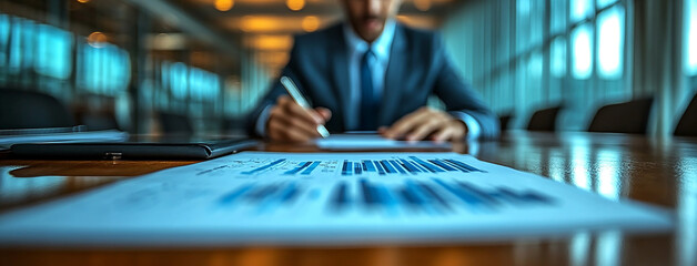 A wide perspective closeup photo from a table level, and writing sign with a pen in hand and paper full of graphs related to stocks and economics growth 