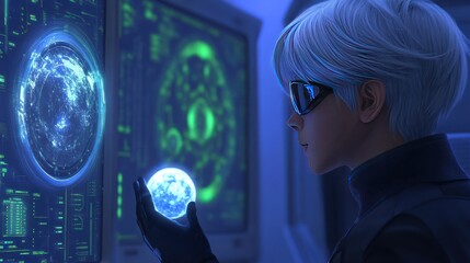 Poster - A character examines a glowing orb in a futuristic control room with digital displays.