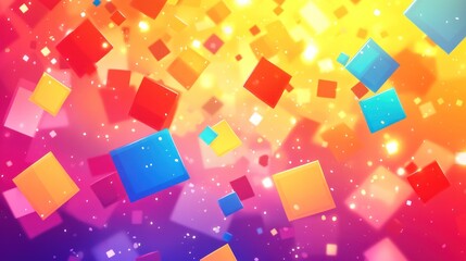 Wall Mural - Colorful abstract background with floating geometric shapes and sparkles.