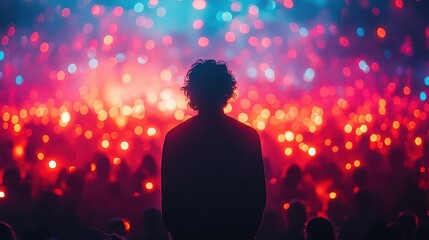 a lone darkskinned man gazes out at a sea of faces in a concert bathed in colorful lights capturing a moment of solitude amidst vibrant energy and unity of music