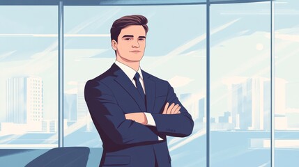 Poster - A confident businessman stands in an office with a city view, conveying professionalism.