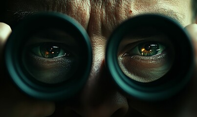 Close up of two green eyes looking through binoculars.