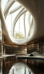 Poster - Modern library with curved bookshelves and a water feature.