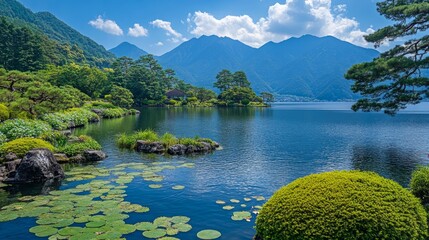 Wall Mural - A tranquil Japanese garden with a serene lake and lush greenery, framed by majestic mountains in the background.