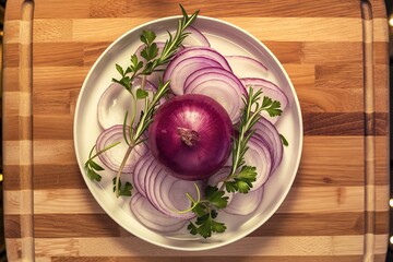 Fresh red whole and sliced onion. Sliced red onion with parsley and rosemary