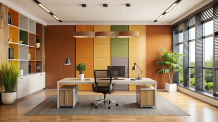 A sophisticated office space with an orange and green color palette, featuring minimalist furniture and large windows. Ideal for modern workspace and design inspiration content...