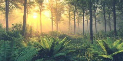 Wall Mural - serene sunrise in a lush forest