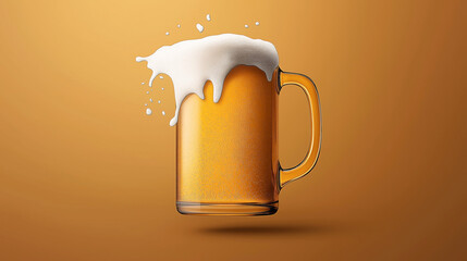 Sticker - Glass mug of frothy beer with overflowing foam on a solid orange background, showcasing a refreshing drink concept.