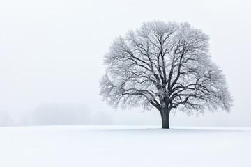 Winter landscape with an isolated tree on a frozen field, Slovakia, Europe