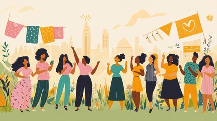 Sticker - A vibrant illustration of diverse women celebrating in an urban setting with colorful banners.