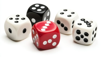 Dice set, one clearly red and others white, isolated, high contrast, focus on arrangement.