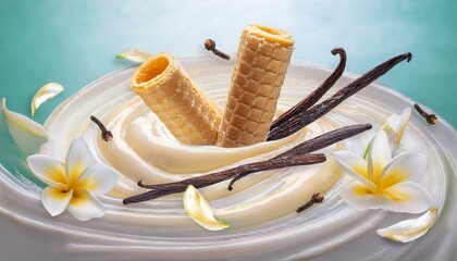 Mini bite wafer rolls inside filled with cream air flying, placed on what appears to be a swirl of cream, with vanilla flowers and pods in the white background. ai generated