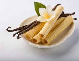 Mini bite wafer rolls inside filled with cream air flying, placed on what appears to be a swirl of cream, with vanilla flowers and pods in the white background. ai generated