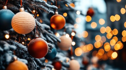 Poster - Close-up of Christmas tree with colorful baubles and warm glowing lights during winter holiday season