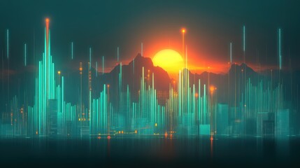 Sticker - Futuristic cityscape at sunset with glowing elements and mountains in the background.