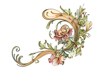 Wall Mural - Watercolor Floral Ornament with Swirls and Leaves.