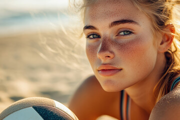 Young Woman with Volleyball Relaxing on the Beach, Close-up portrait of a young woman with freckles resting on the beach, holding a volleyball on a sunny day.

