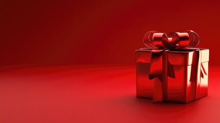 Poster - A stunning red gift box adorned with a ribbon and bow positioned against a lively red backdrop ideal for festive occasions