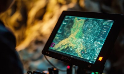 A monitor displays a map with buttons lit up.