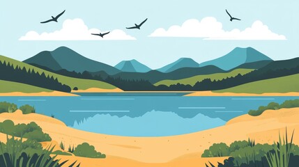 Poster - Beautiful flat design of a natural landscape featuring a tranquil lake nestled between sandy shores and bushes complemented by hills forests and a bright sky with clouds and soaring birds Vector