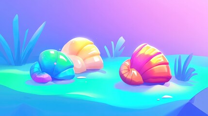 Aufkleber - Abstract summer still life featuring shells on a gradient of blue turquoise green and mint colors Soft pastel tones with sun glare and shadows evoke relaxation and vacation vibes
